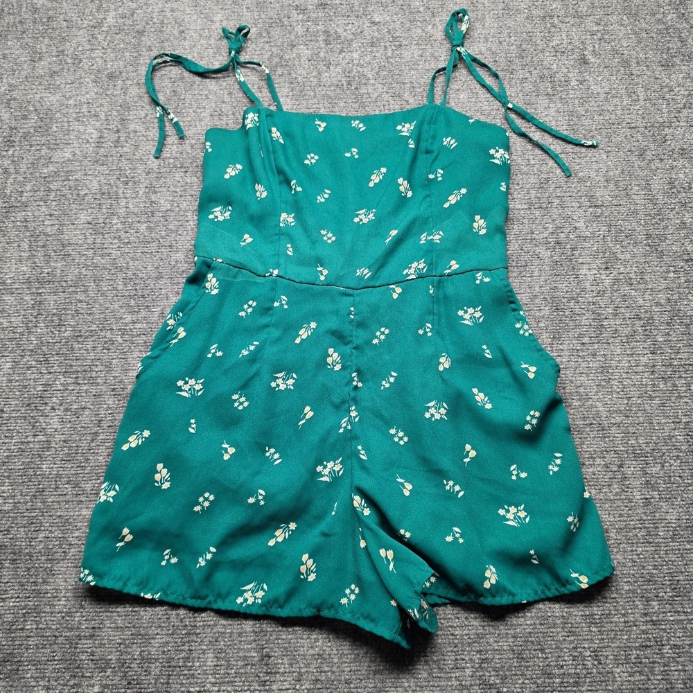 Abercrombie & Fitch Emerald Green Floral Tie Shoulder Romper S Pockets